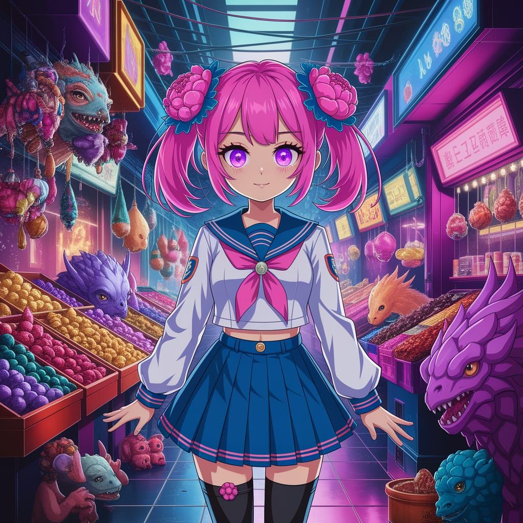 Anime Girl in Neon Alien Market, Cyberpunk Style