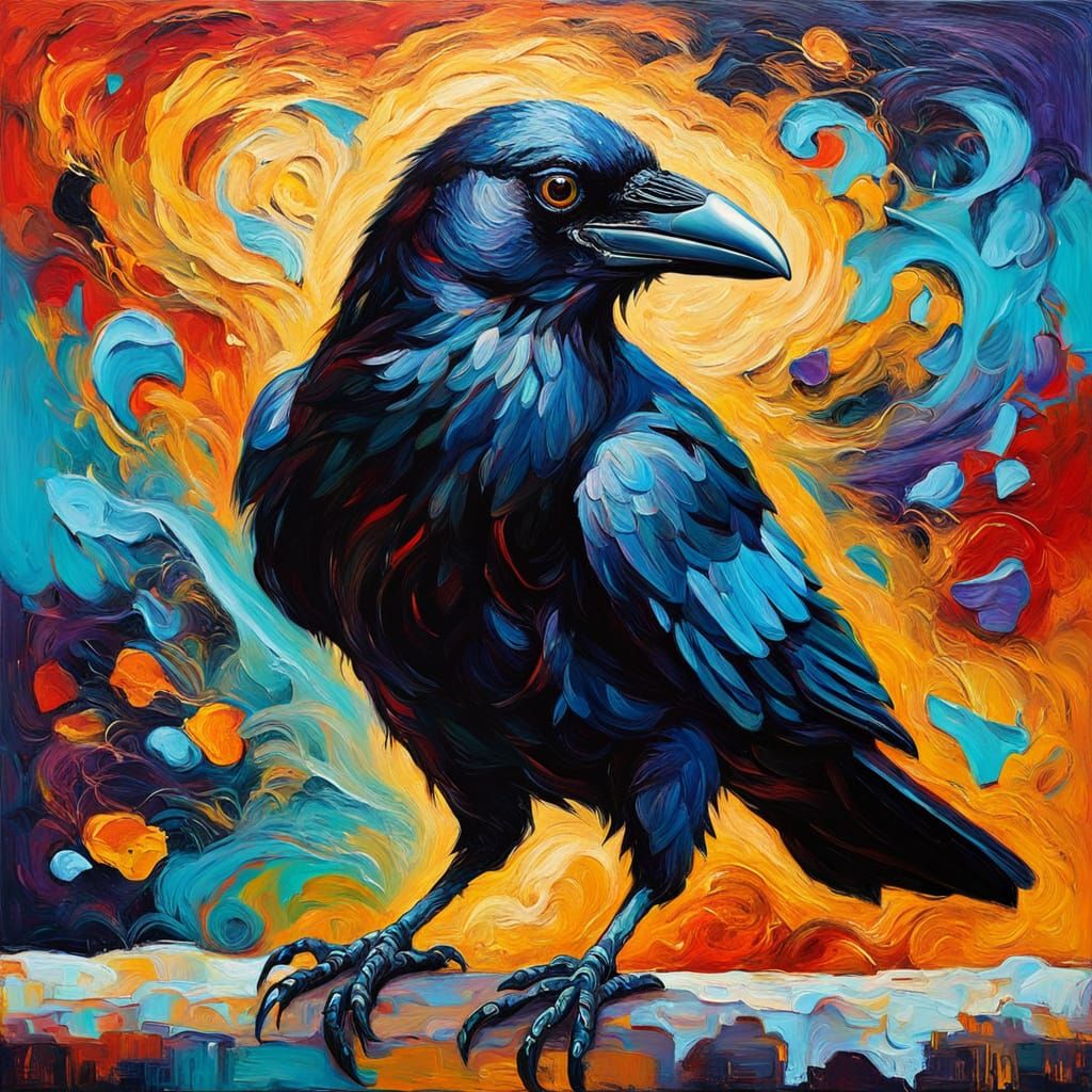Fauvist Oil Painting of a Curious Black Crow