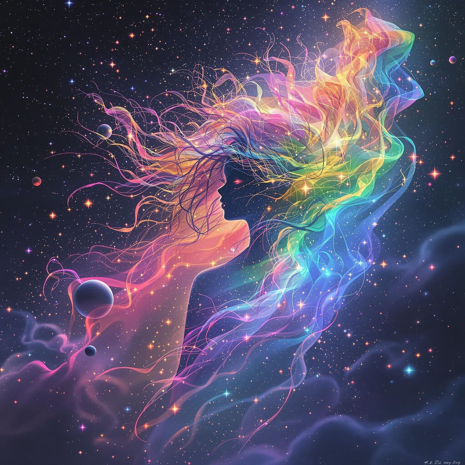 Ethereal Girl Dissolving into Cosmic Stardust