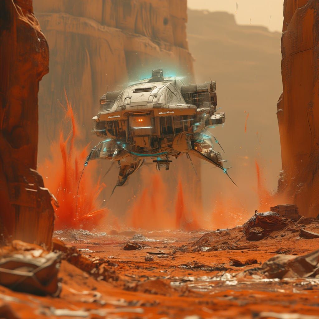 Futuristic Spacecraft Lands on Mars Amidst Dust Storm