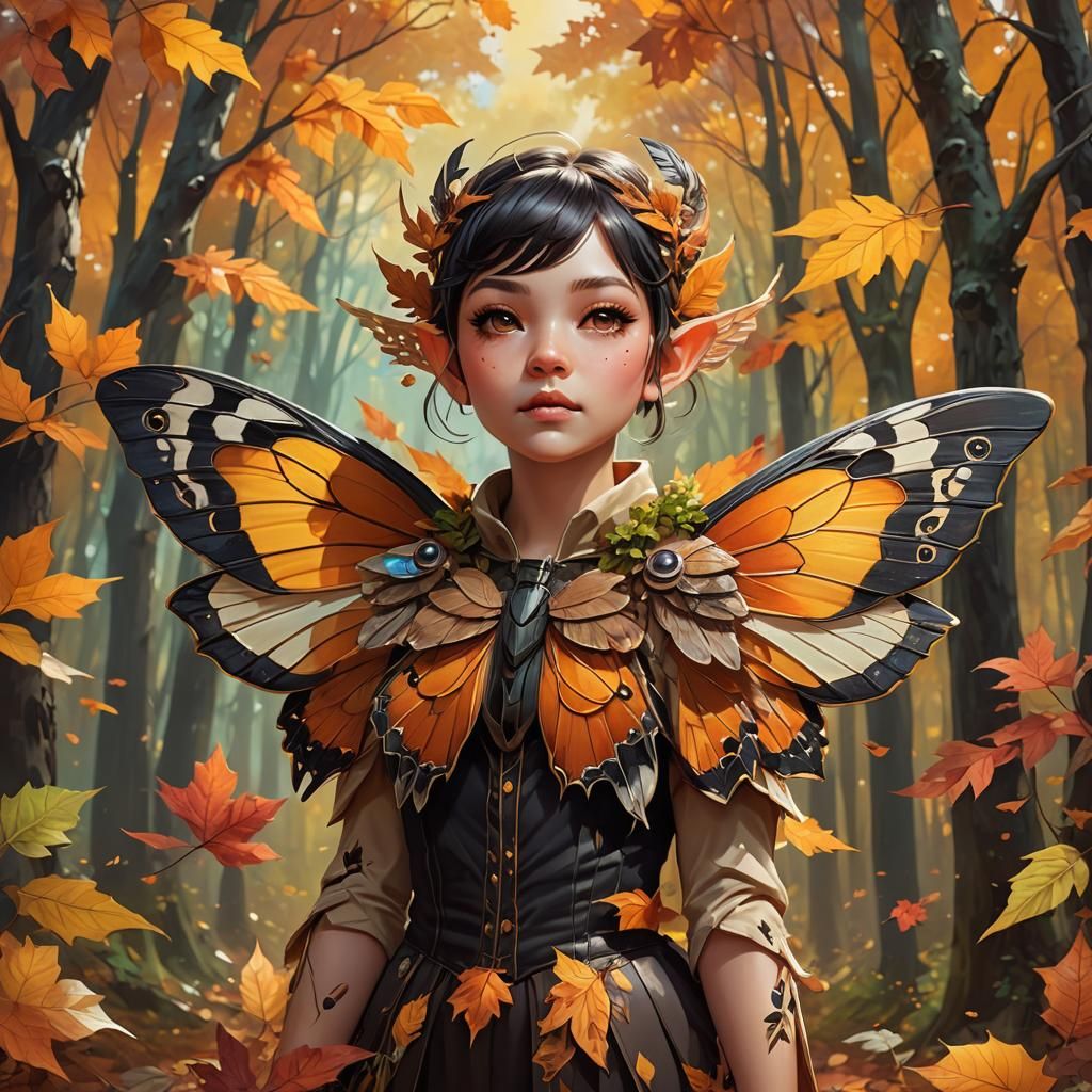 Pixie with Moth Wings in Autumn Forest