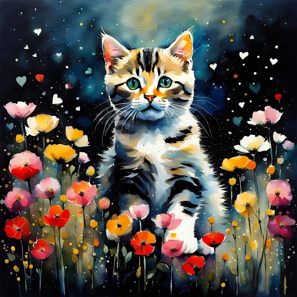 Cat Surrounded by Flowers as Watercolor Painting
