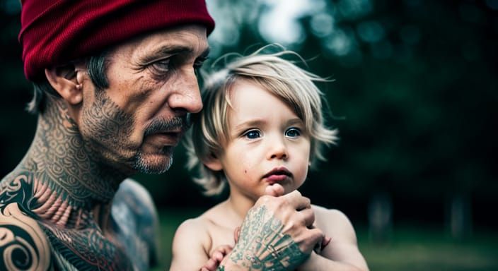Tattooed Father and Son Portrait at Sunset