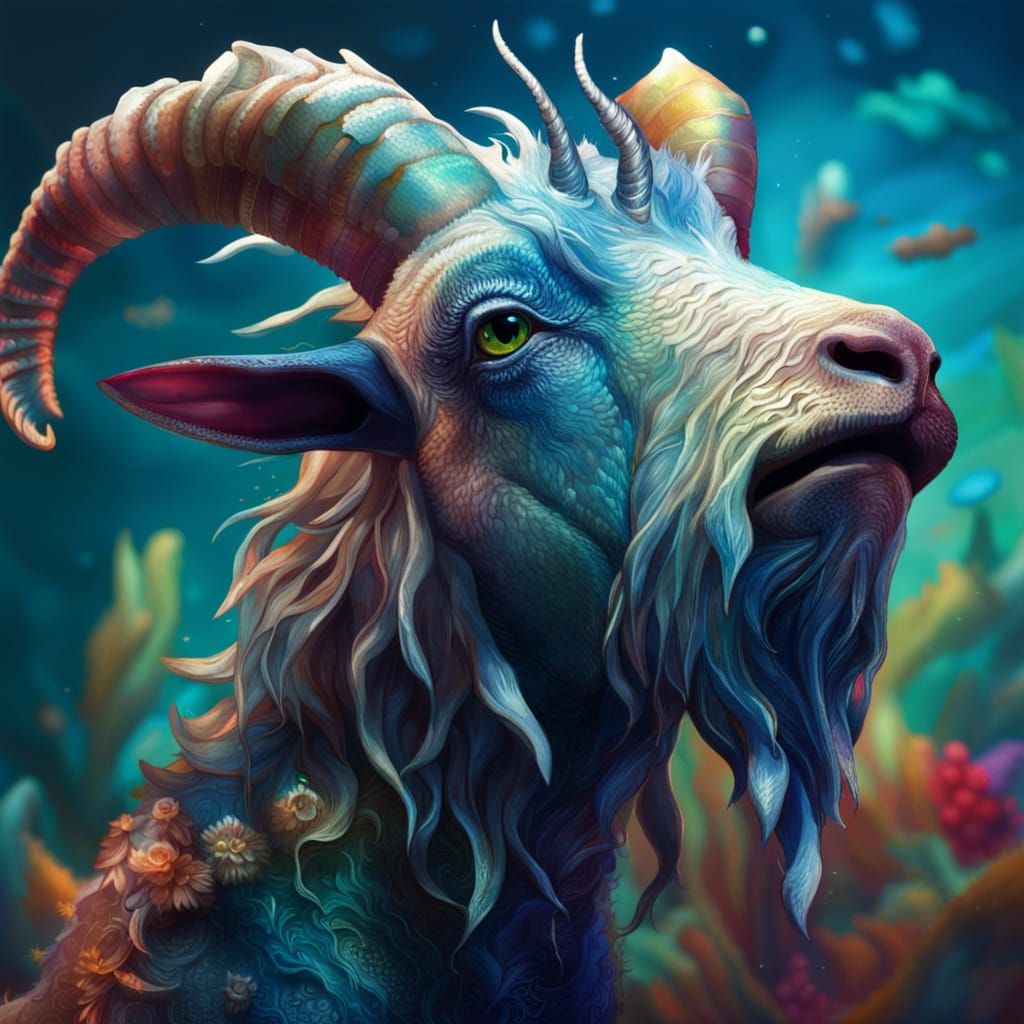 Hyperrealistic Sea Goat Fantasy Creature Splash Art