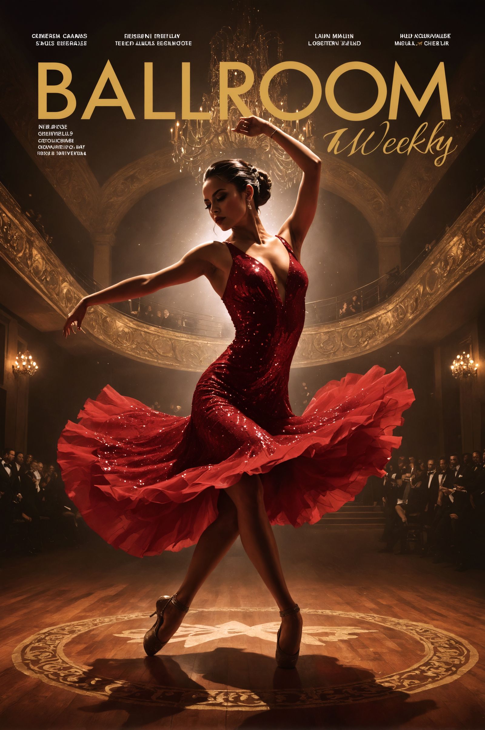 An ultra-realistic magazine cover for "Ballroom Weekly" feat...