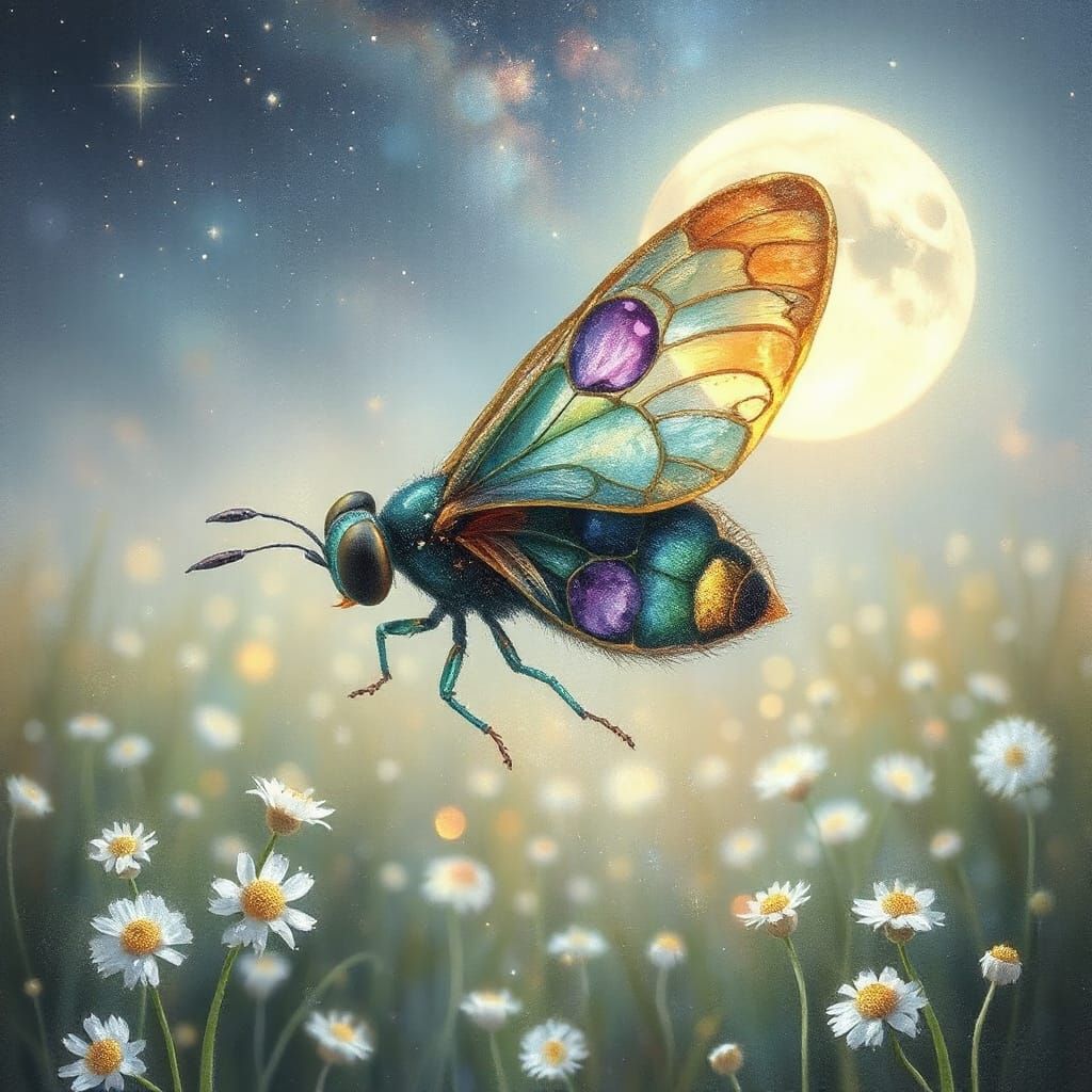 Luminous Firefly Drifting Over Moonlit Meadow