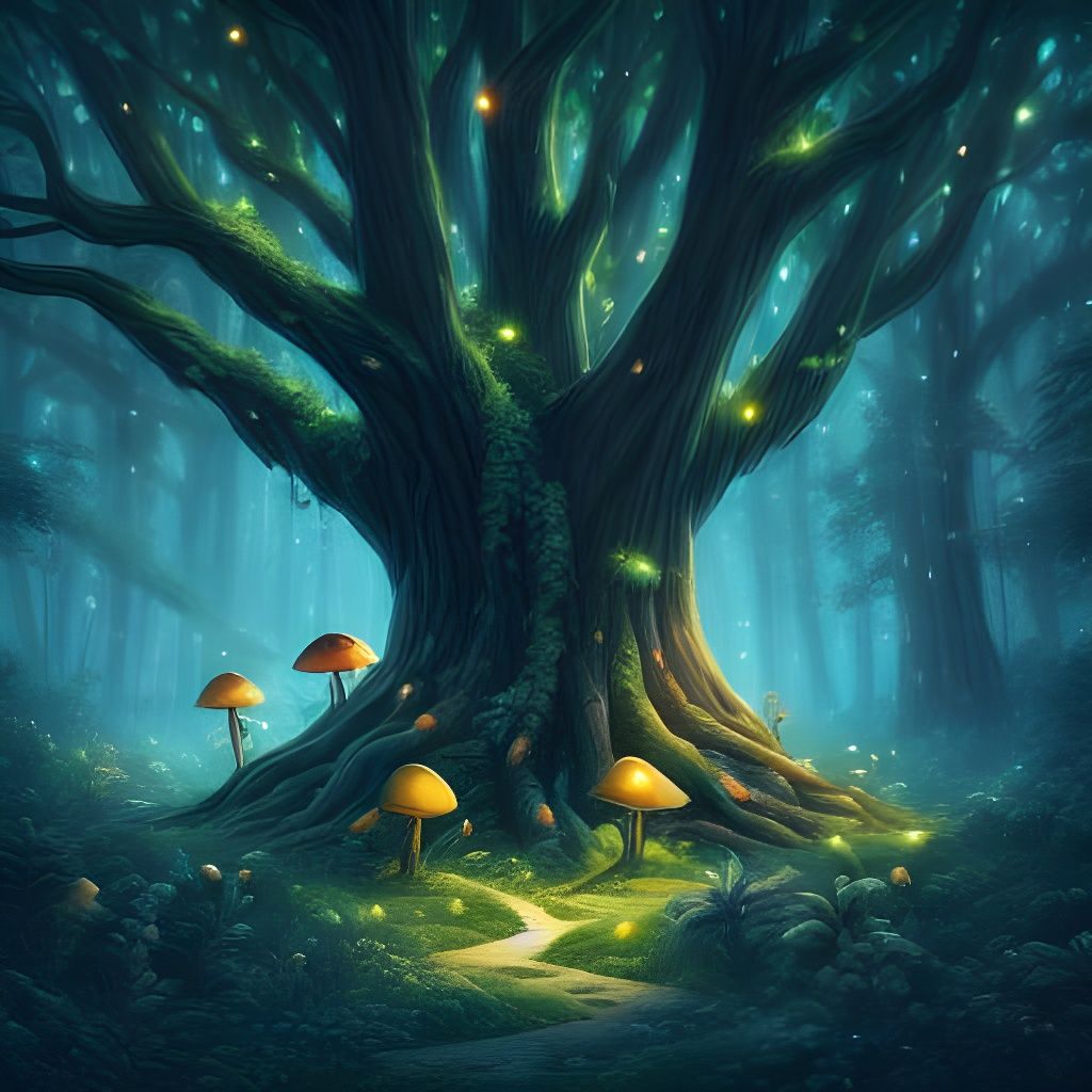 Ancient Tree with Luminescent Moss and Glowing Mushrooms