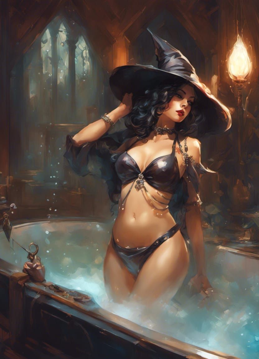 Pin-Up Witch Relaxing in Bubble Bath