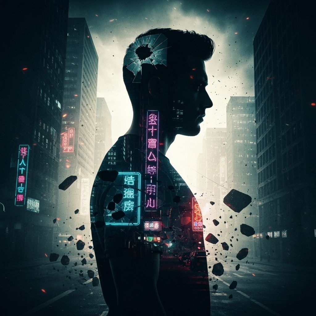 Double Exposure: Man in Shattered Cityscape
