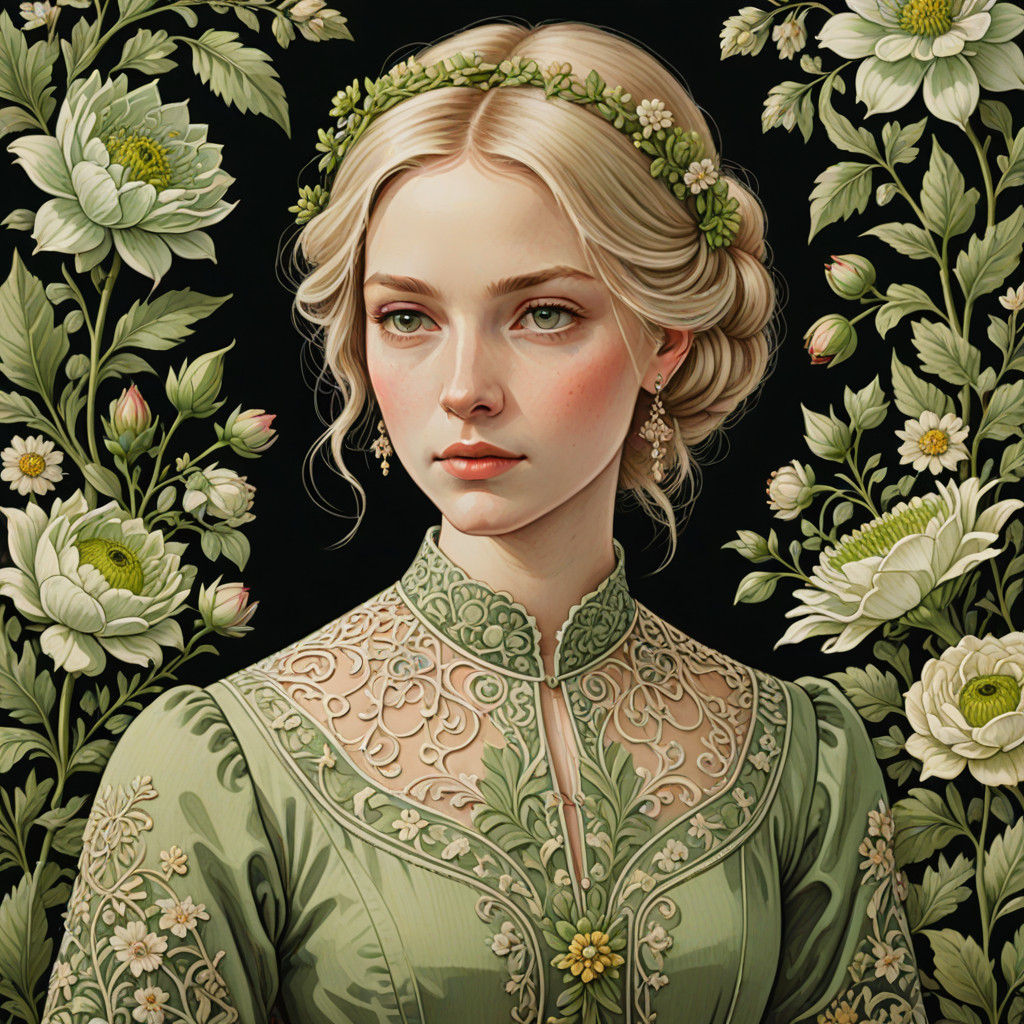 Serene European Folk Art Portrait in Pastel Hues