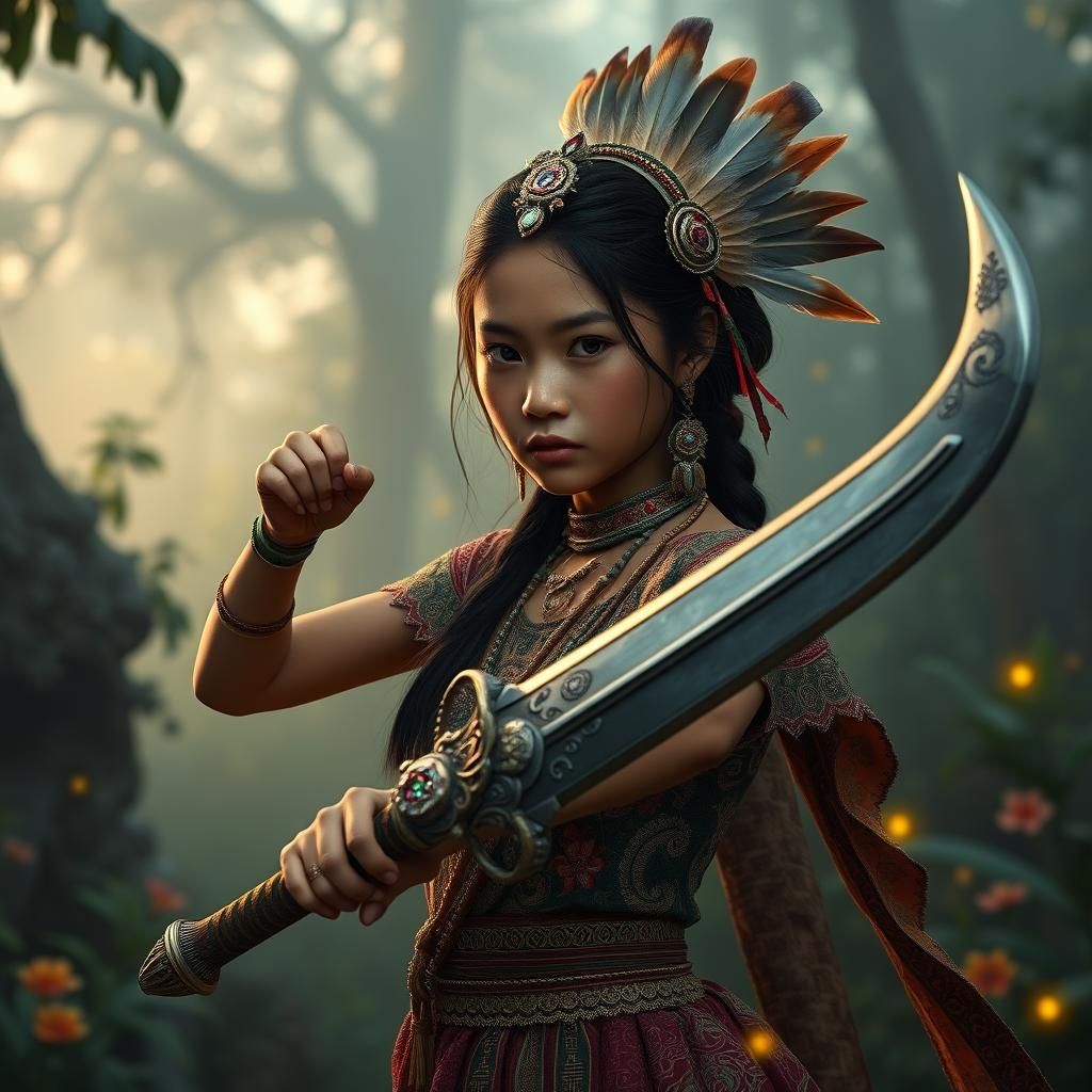 Dayak Girl with Mandau Sword: Fantasy Art
