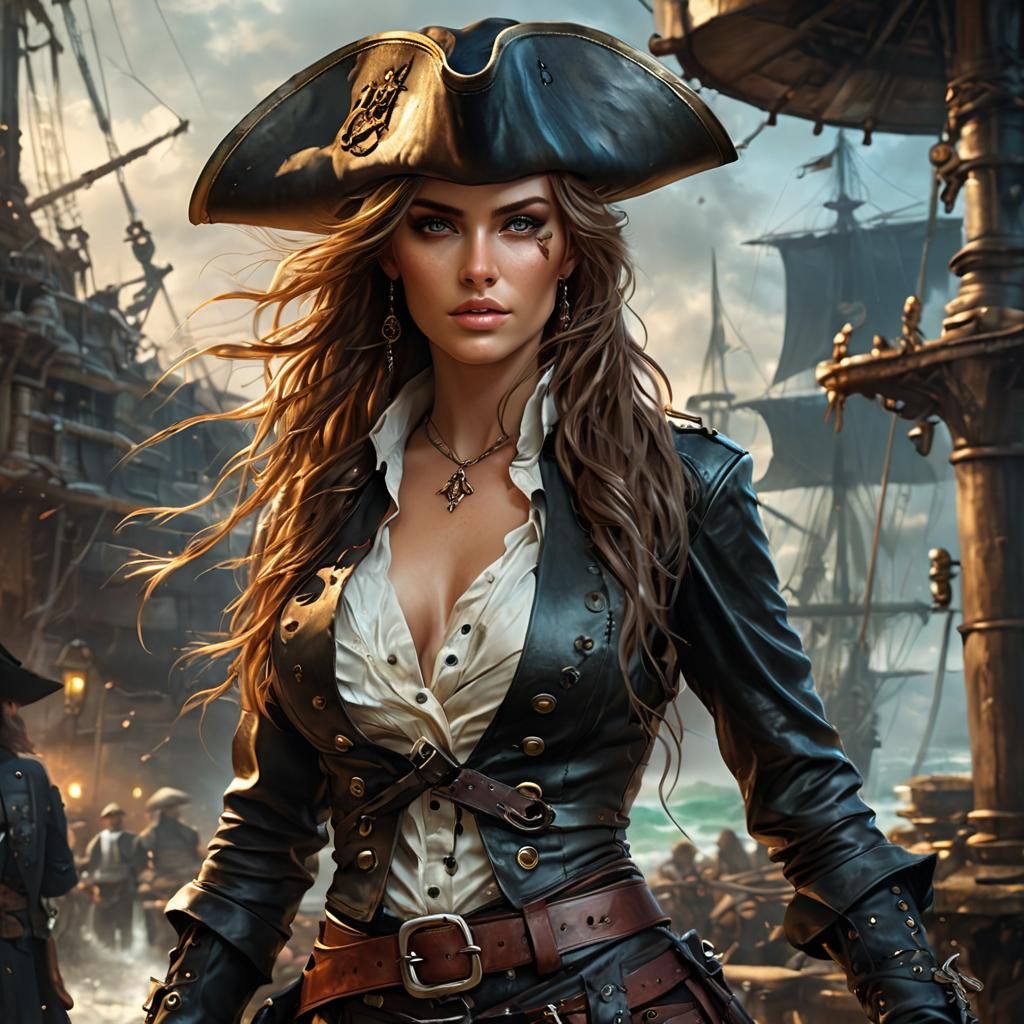 Sensual Pirate Queen with Sword, Hyperdetailed Art