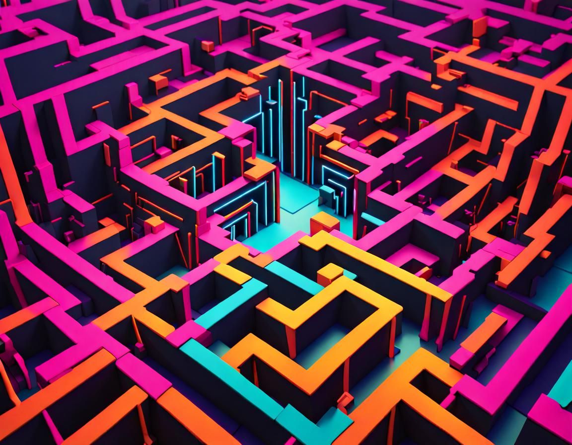 Hyperreal Maze in Escher Style, Neon Colors