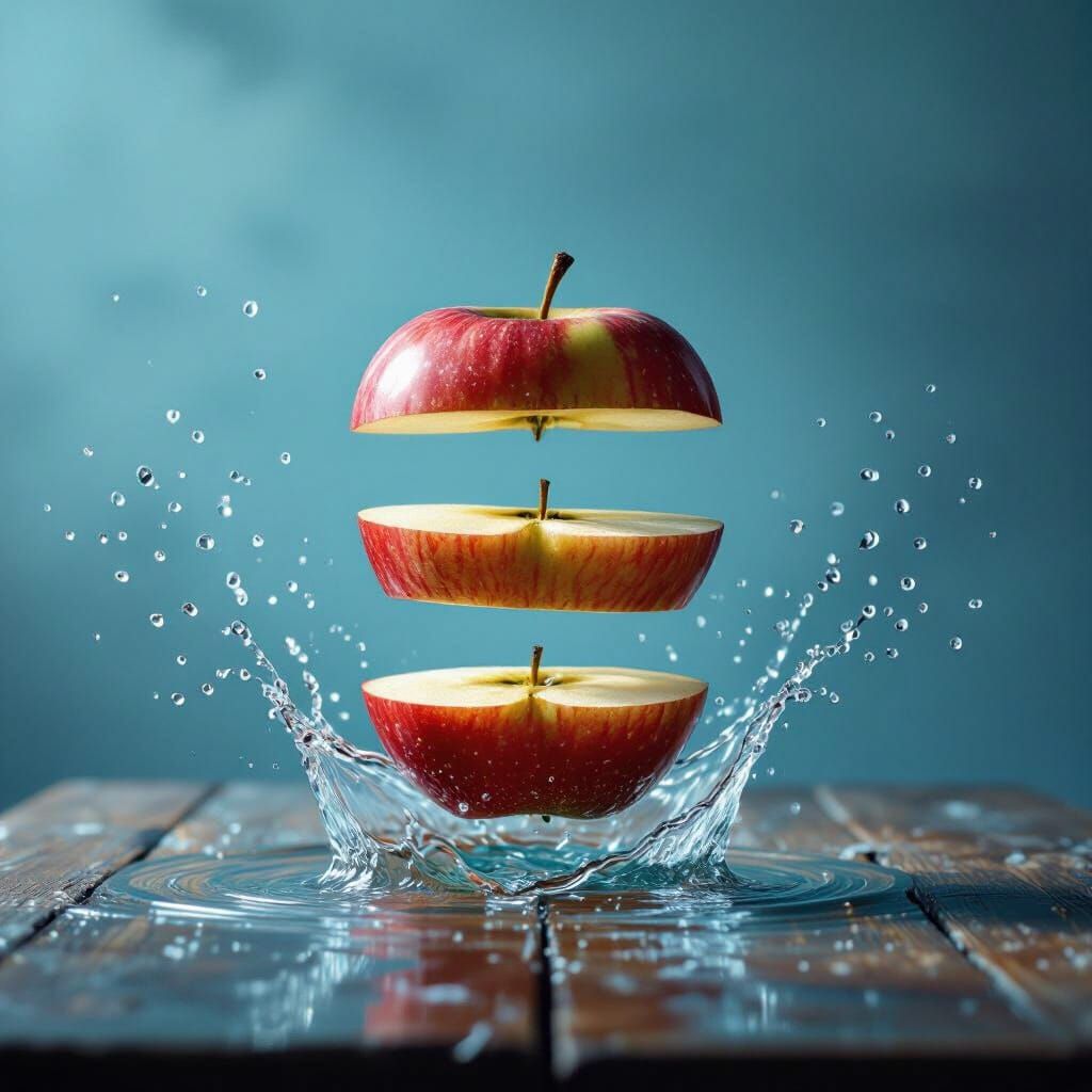 Surreal Levitating Apple Slices with Water Droplets