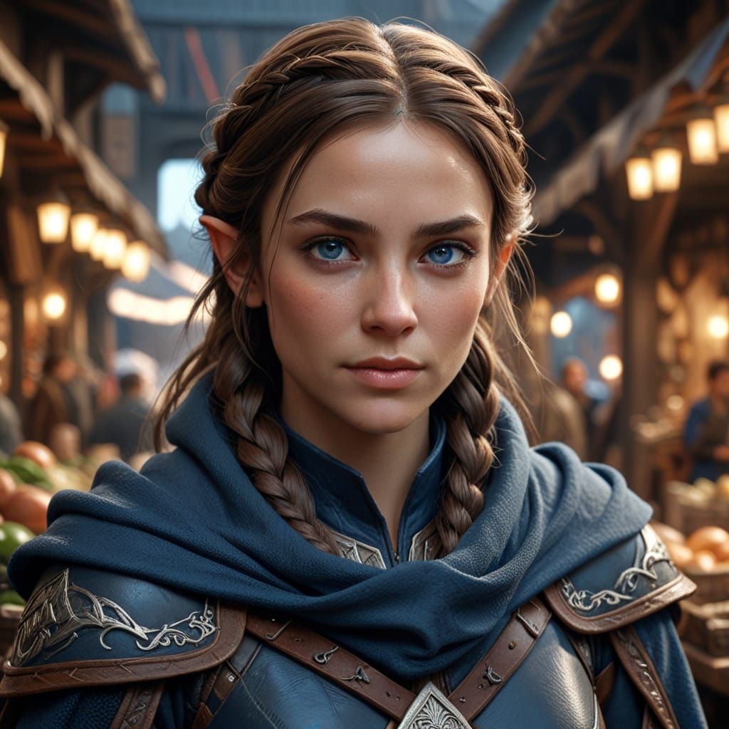 Elven Rogue Smirking in Market, Fantasy Art