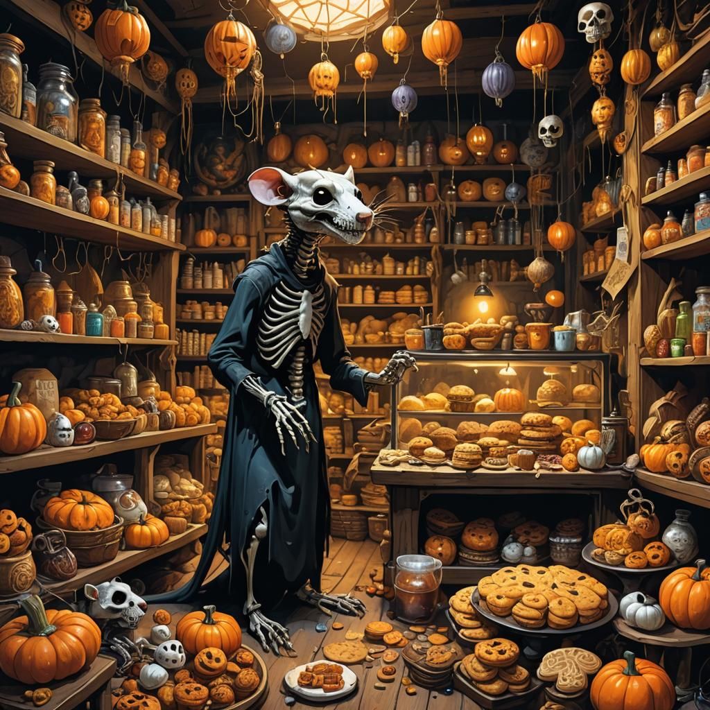 Skeleton Rat Reaper Prepares for Halloween in Discworld Styl...