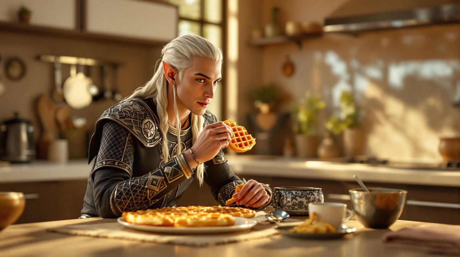 Hyper-Realistic Legolas Devours Eggo Waffle in Sunny Kitchen