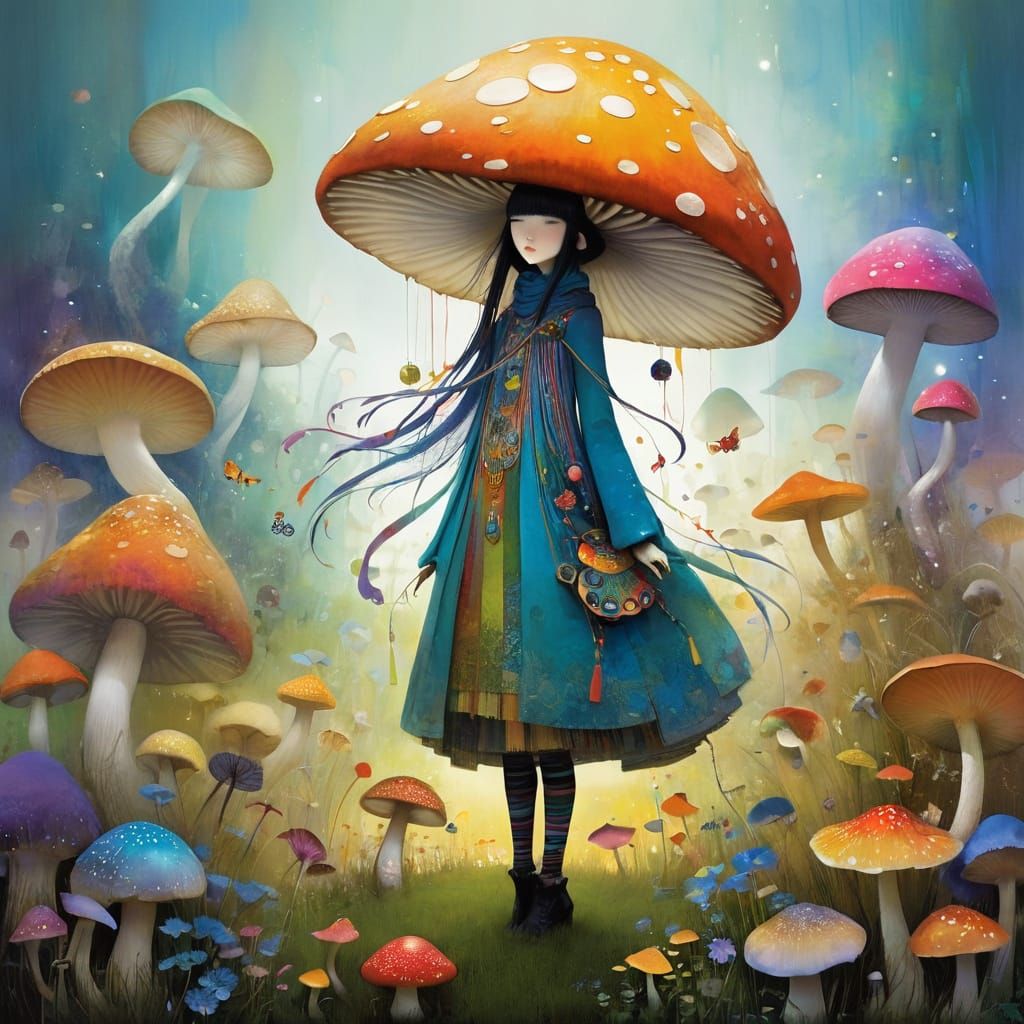 Rainbow Bug Playing Amongst Giant Mushrooms