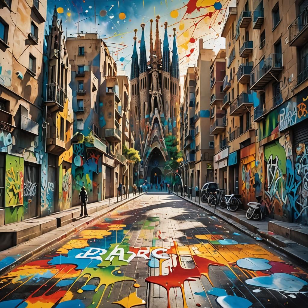 Barcelona's Las Ramblas in Surreal Graffiti Style