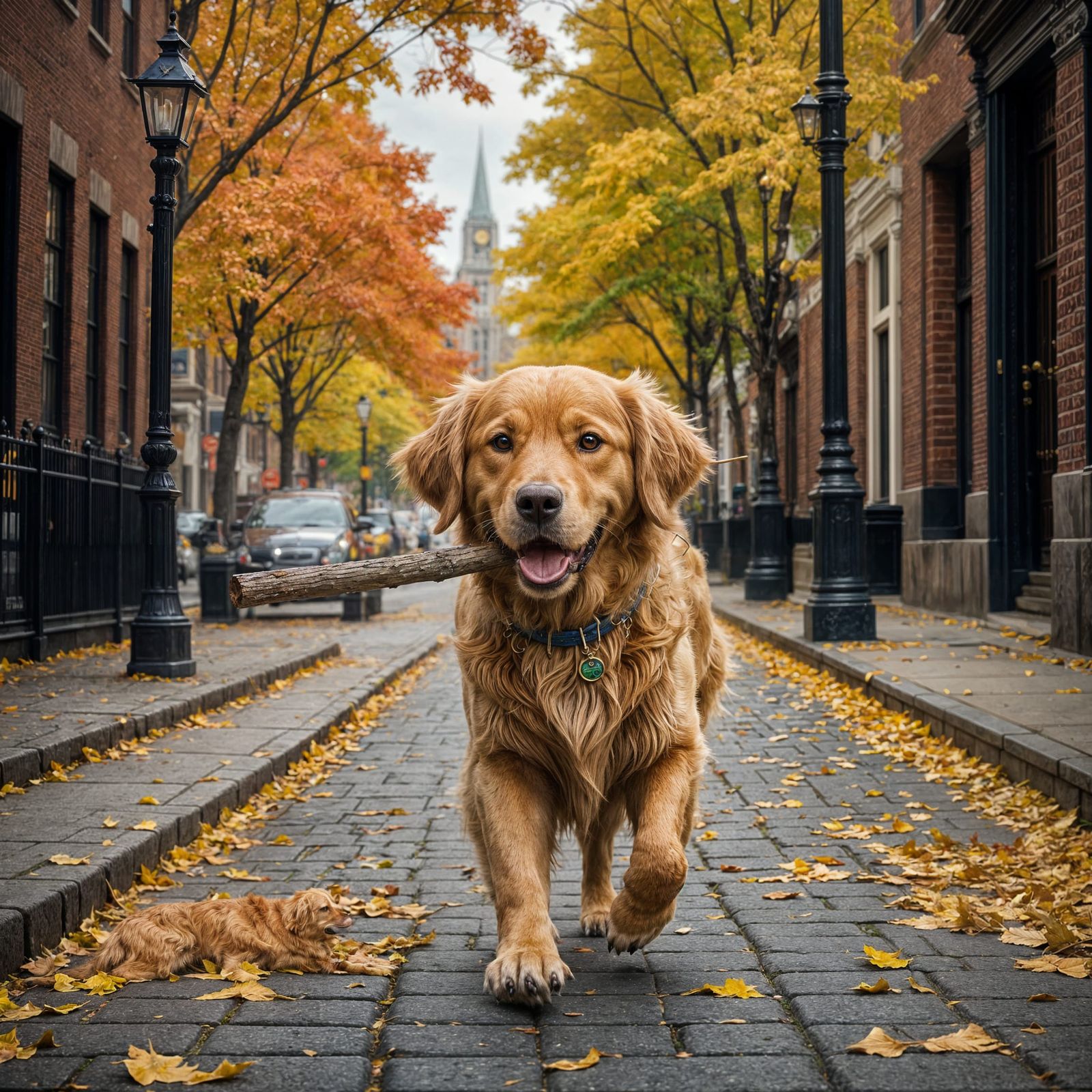 Golden Retriever Walks in Boston: Digital Matte Painting