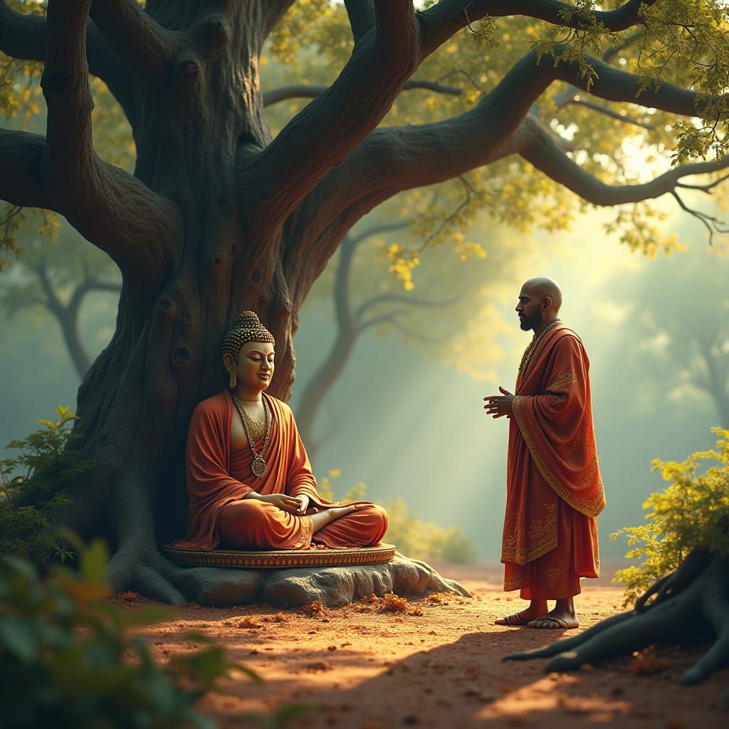 Merchant Approaches Buddha in Fantasy Concept Art