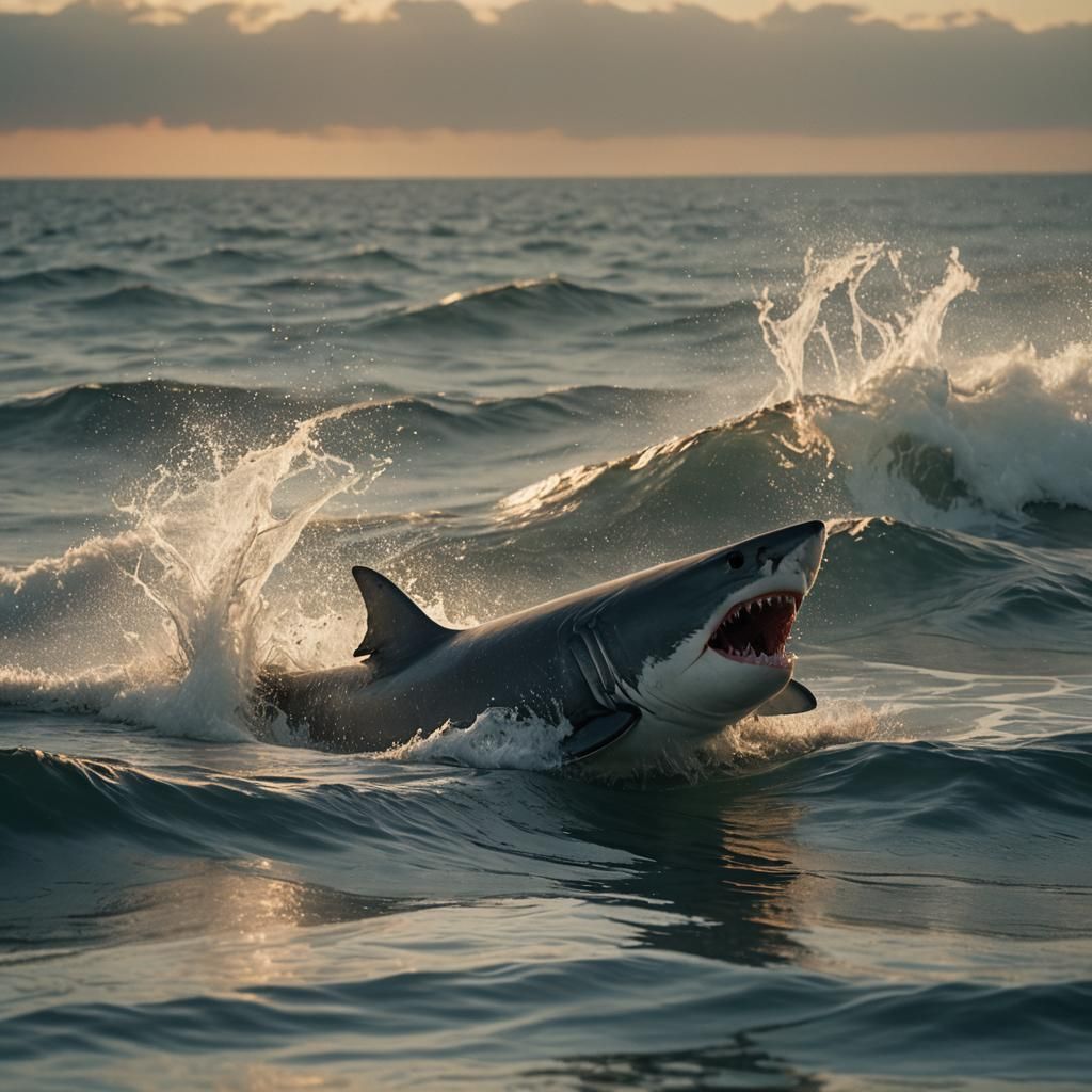 Great White Shark Breaching in Golden Light