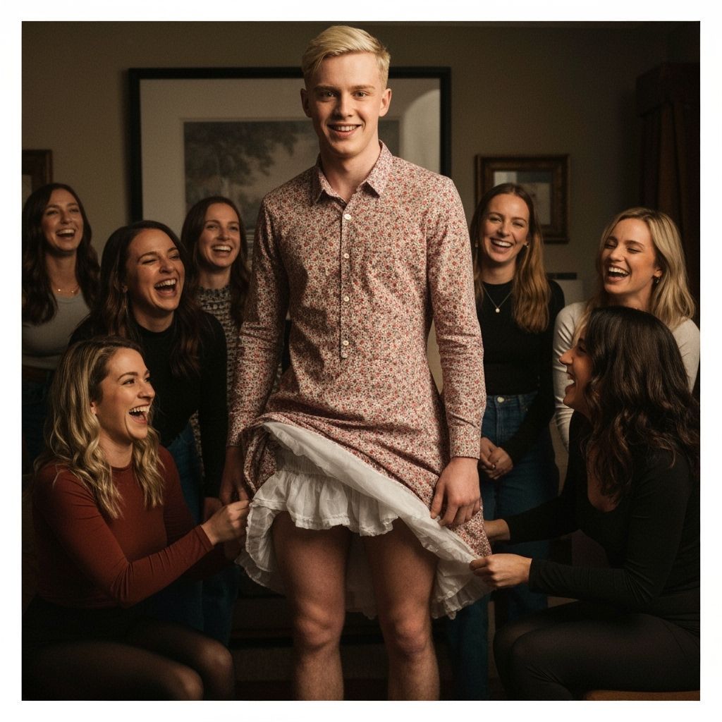 Embarrassed Young Man Crossdressing in Frilly Minidress