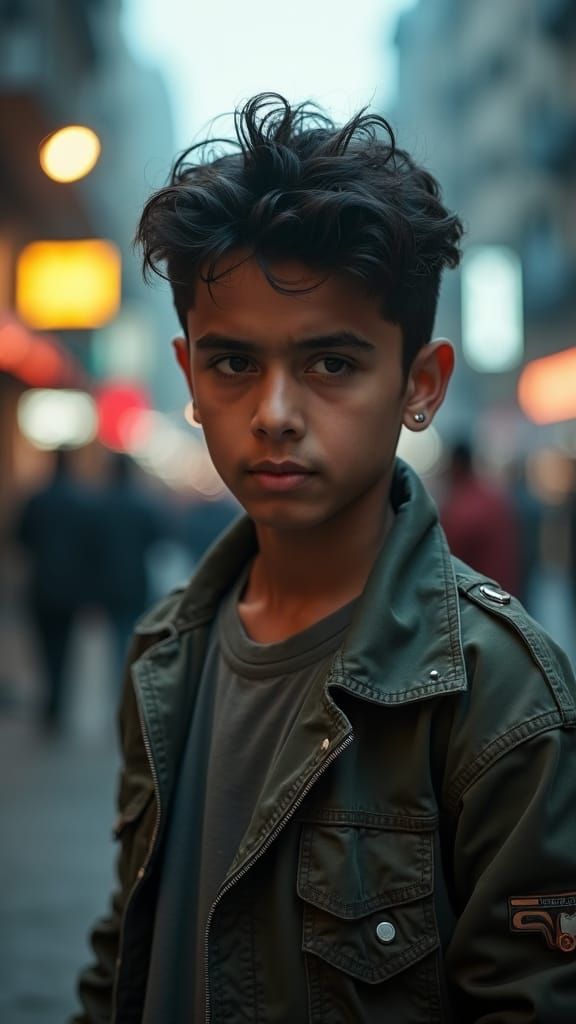 Confident Pakistani Boy in Streetwear: Cinematic Film Still