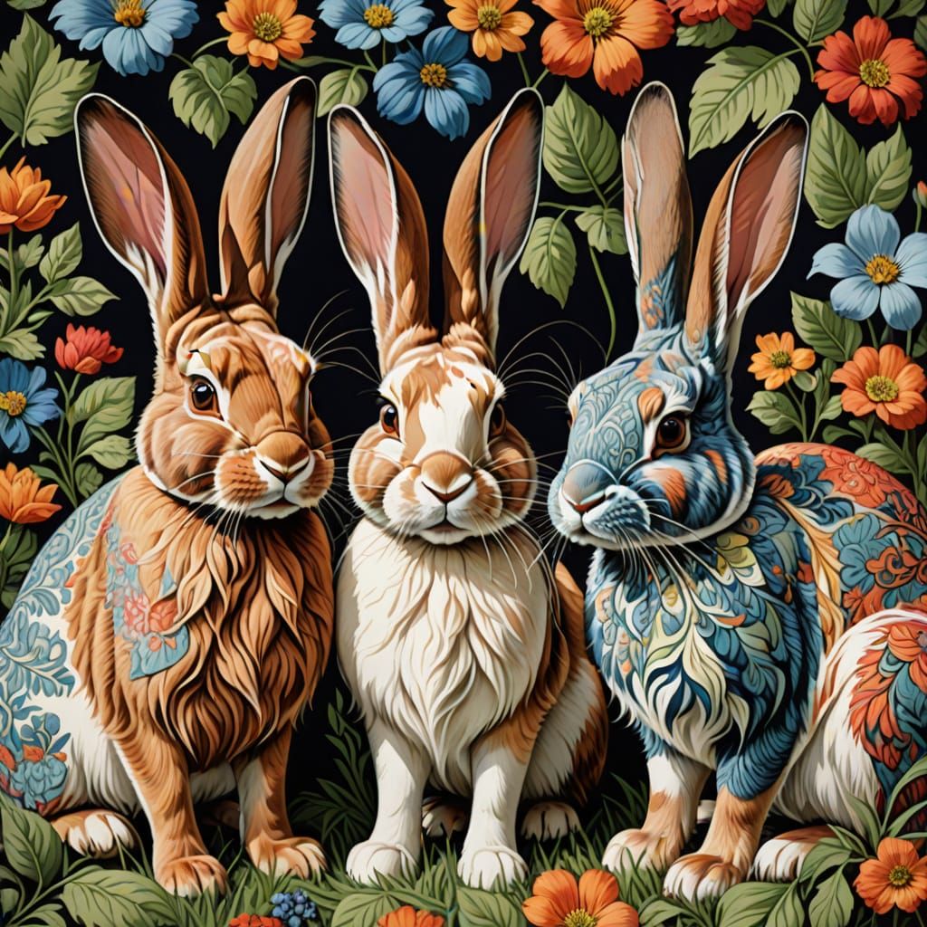 Stylized Portrait of Three Rabbits in Bold William Morris Pa...