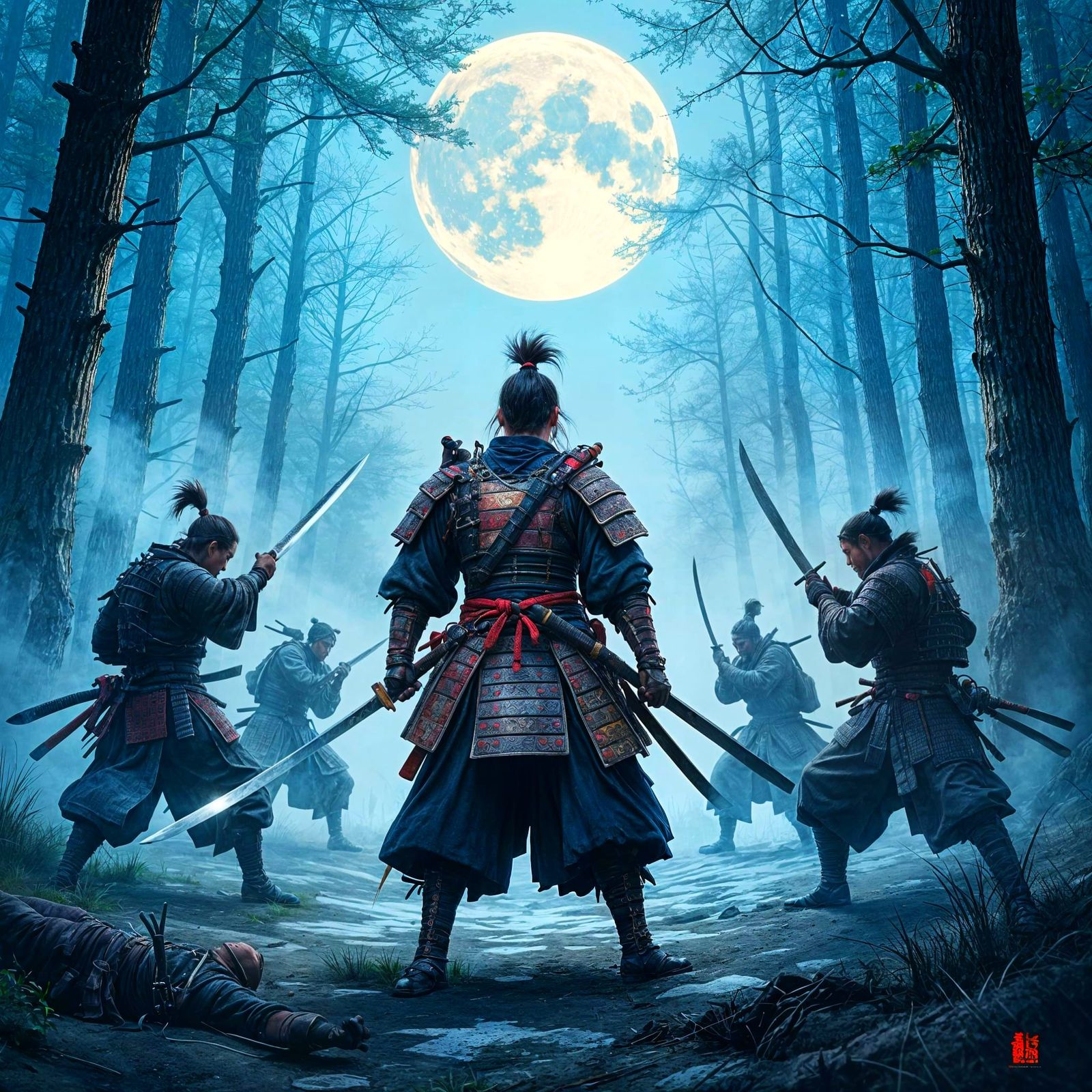 Samurai Confronts Bandits in a Knife Fight