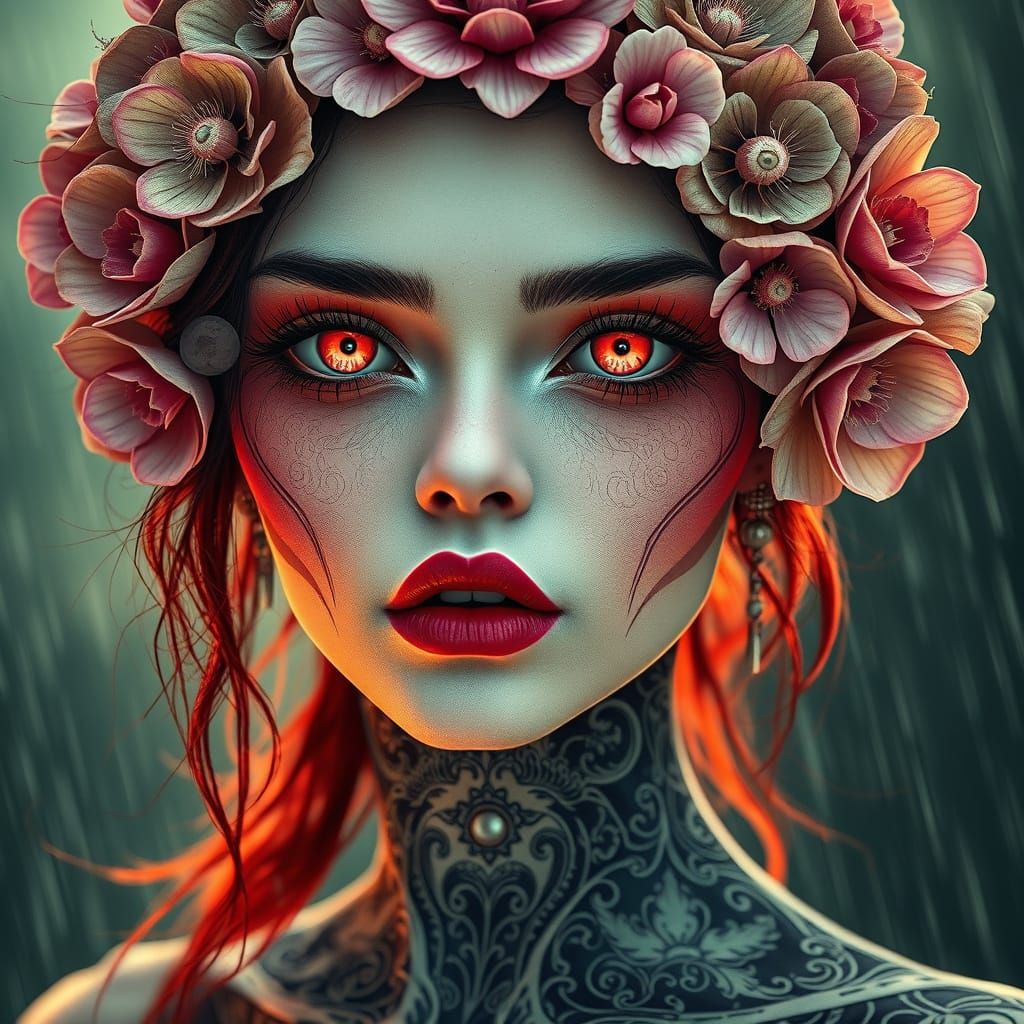 Ethereal Beauty with Ghoul-like Features and Floral Accents