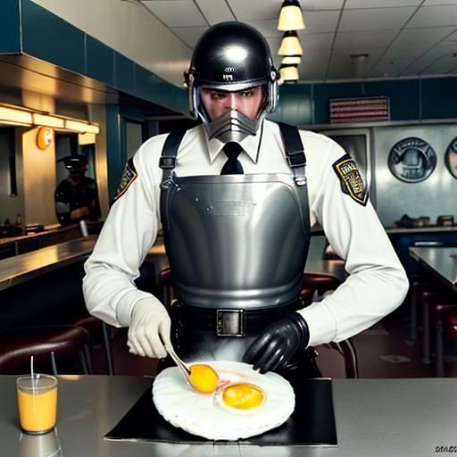 Riot Gear Chef Cooks Eggs in Surreal Diner
