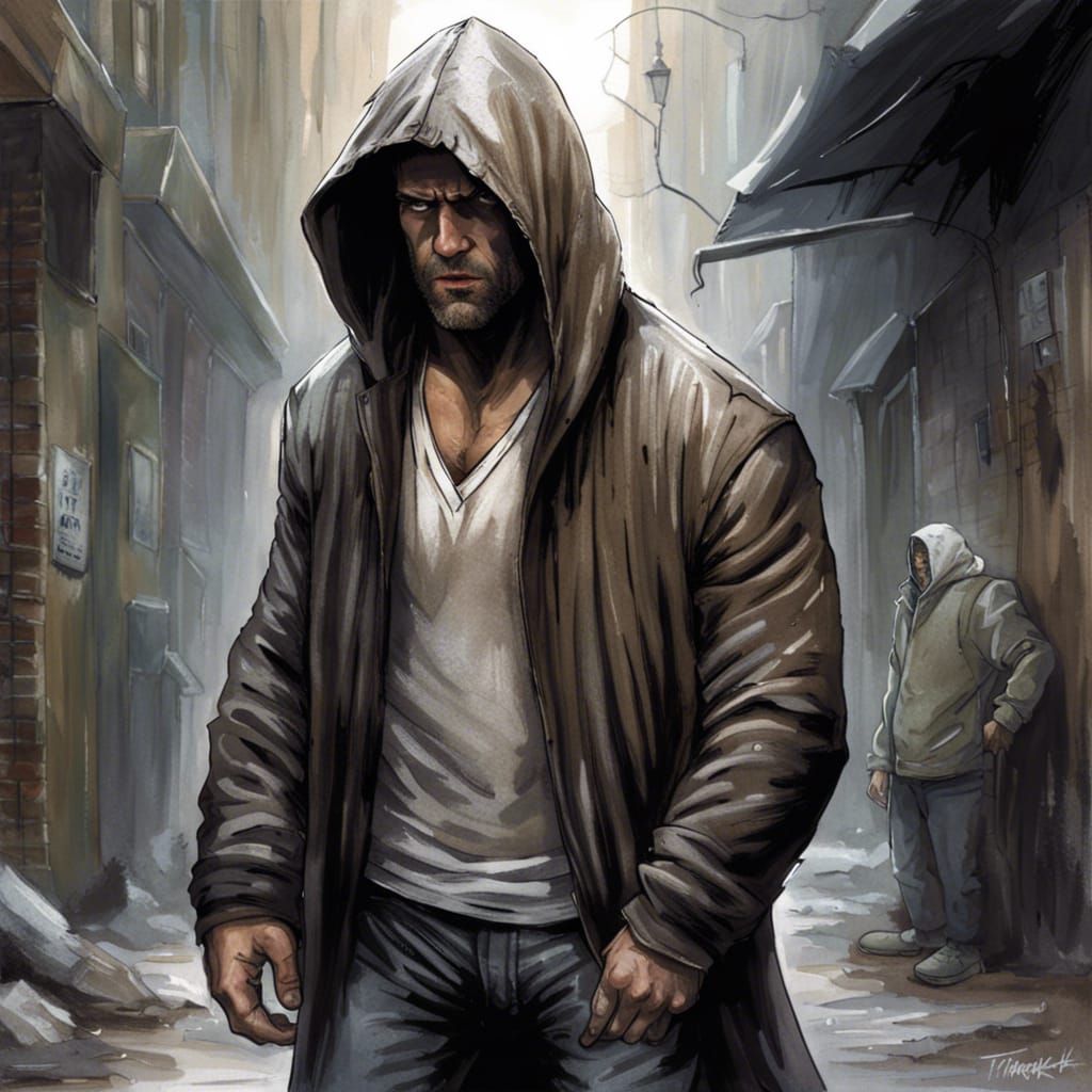 Hooded Figure in Grungy Alley, Comic Book Art