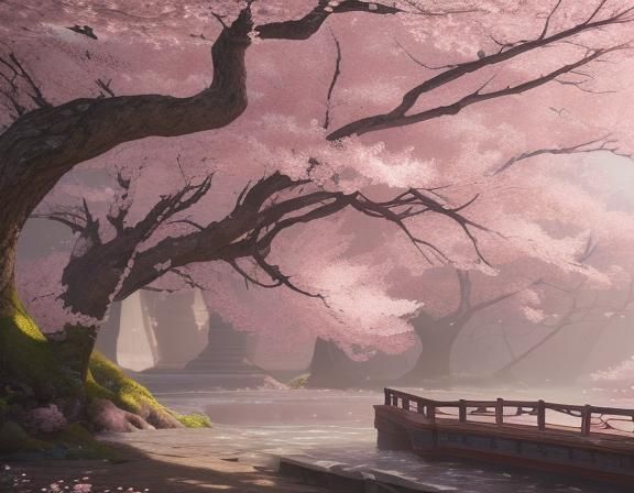 Hand-Stitched Cherry Blossom Branch: Detailed Matte Painting