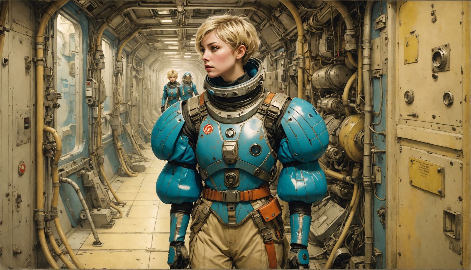 Blonde Woman in Spacesuit, Arthur Rackham Style Illustration