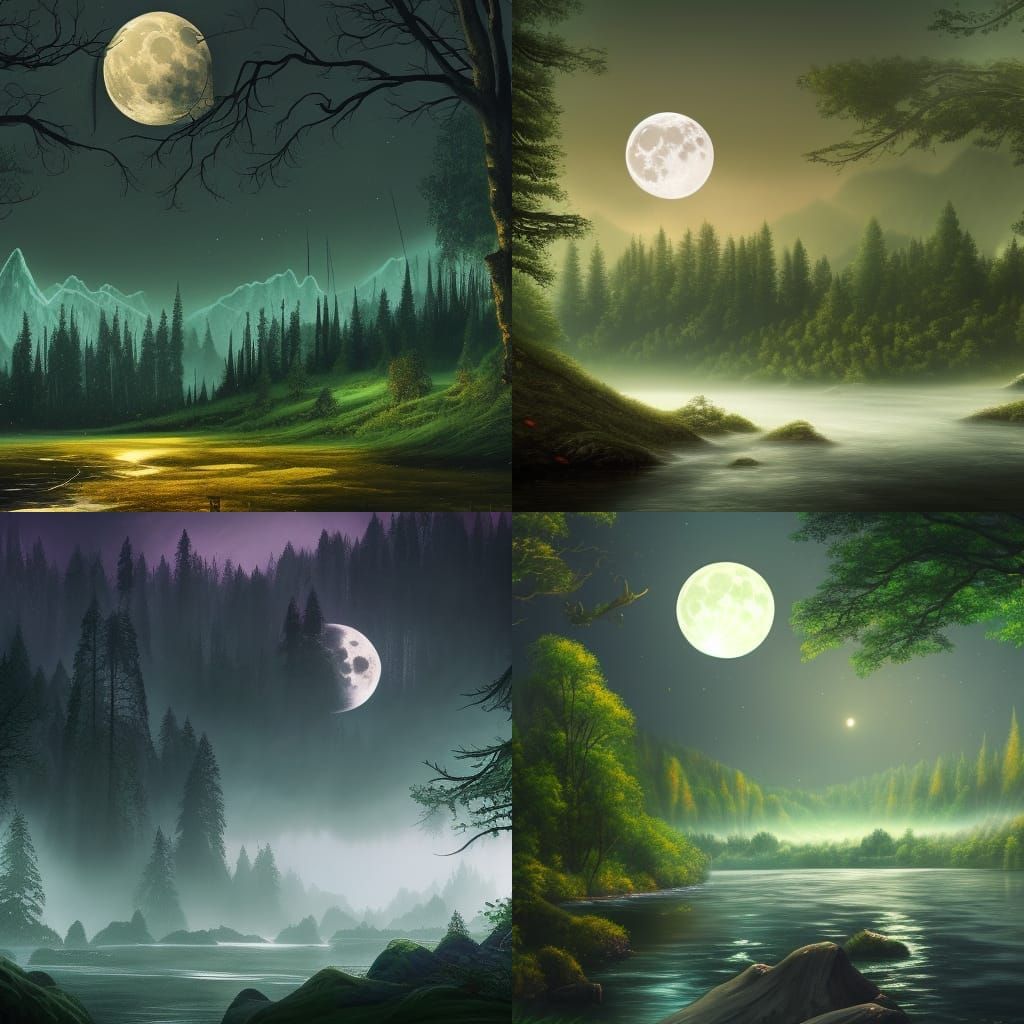 Moonlit Forest River in Detailed Digital Painting