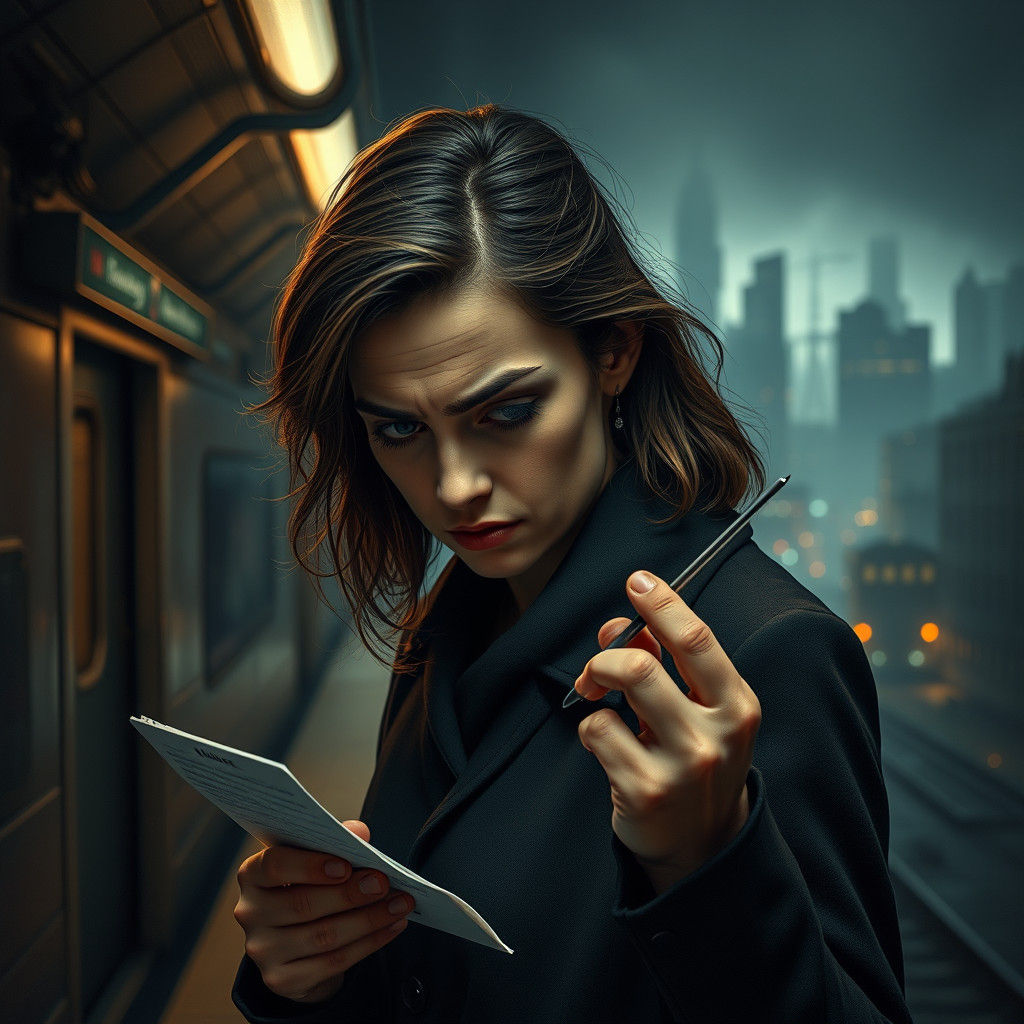 Worried Woman on Train Platform in Dystopian Cityscape