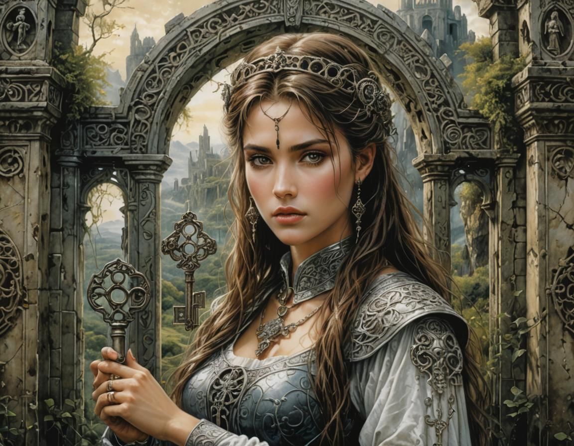 Woman with Key Before Gate, in Fantasy Style