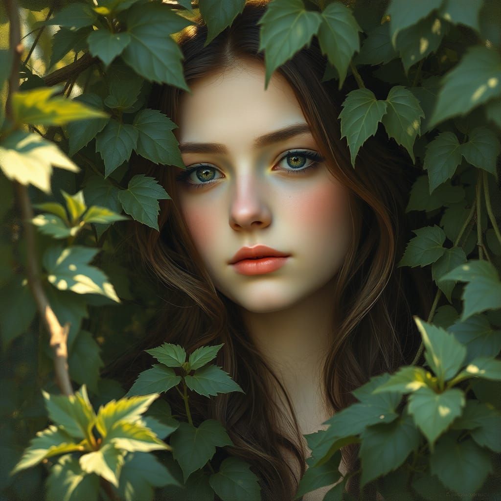 Young Woman Lost in Lush Green Foliage