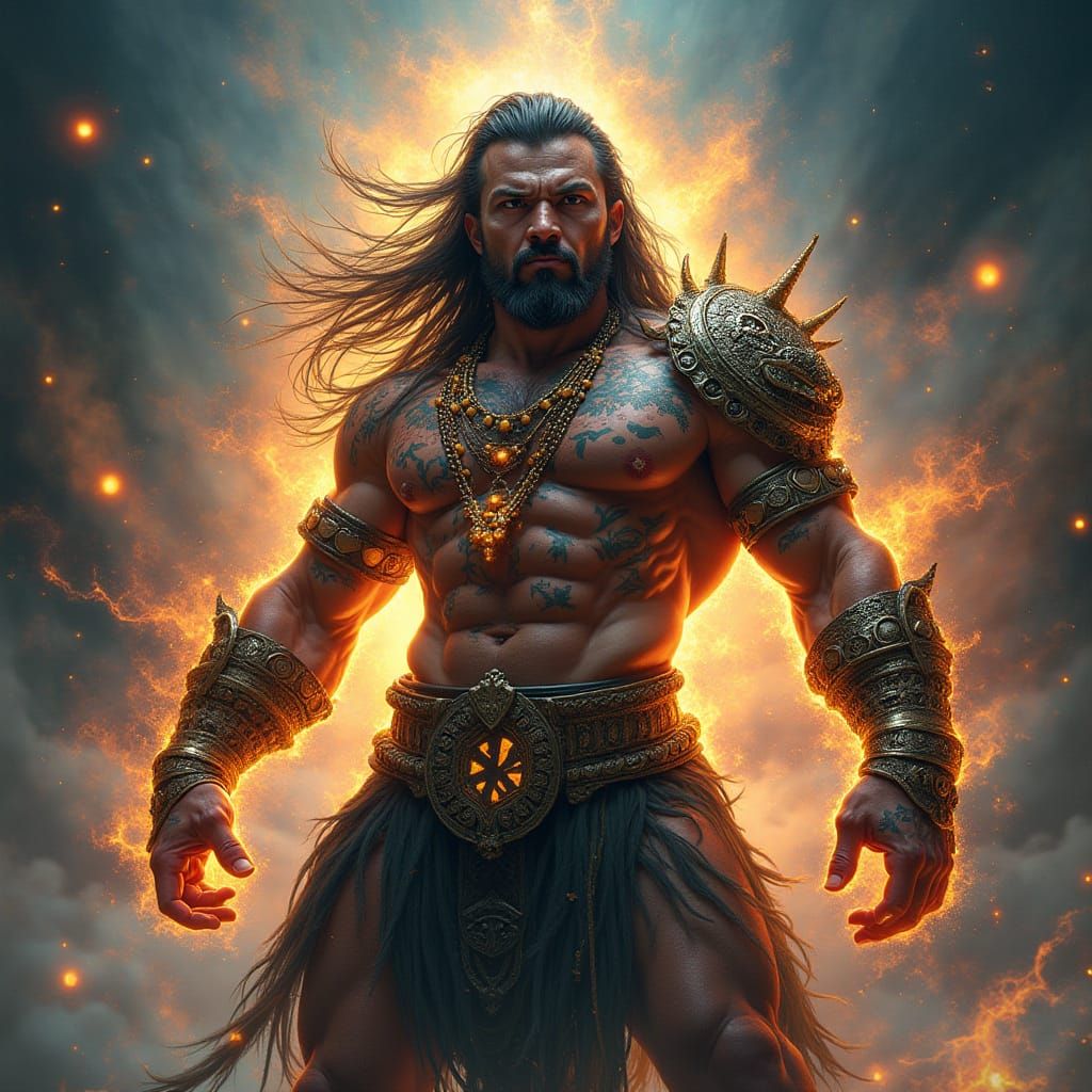 Muscular Polynesian Deity in Mythical Armor with Glowing Tat...