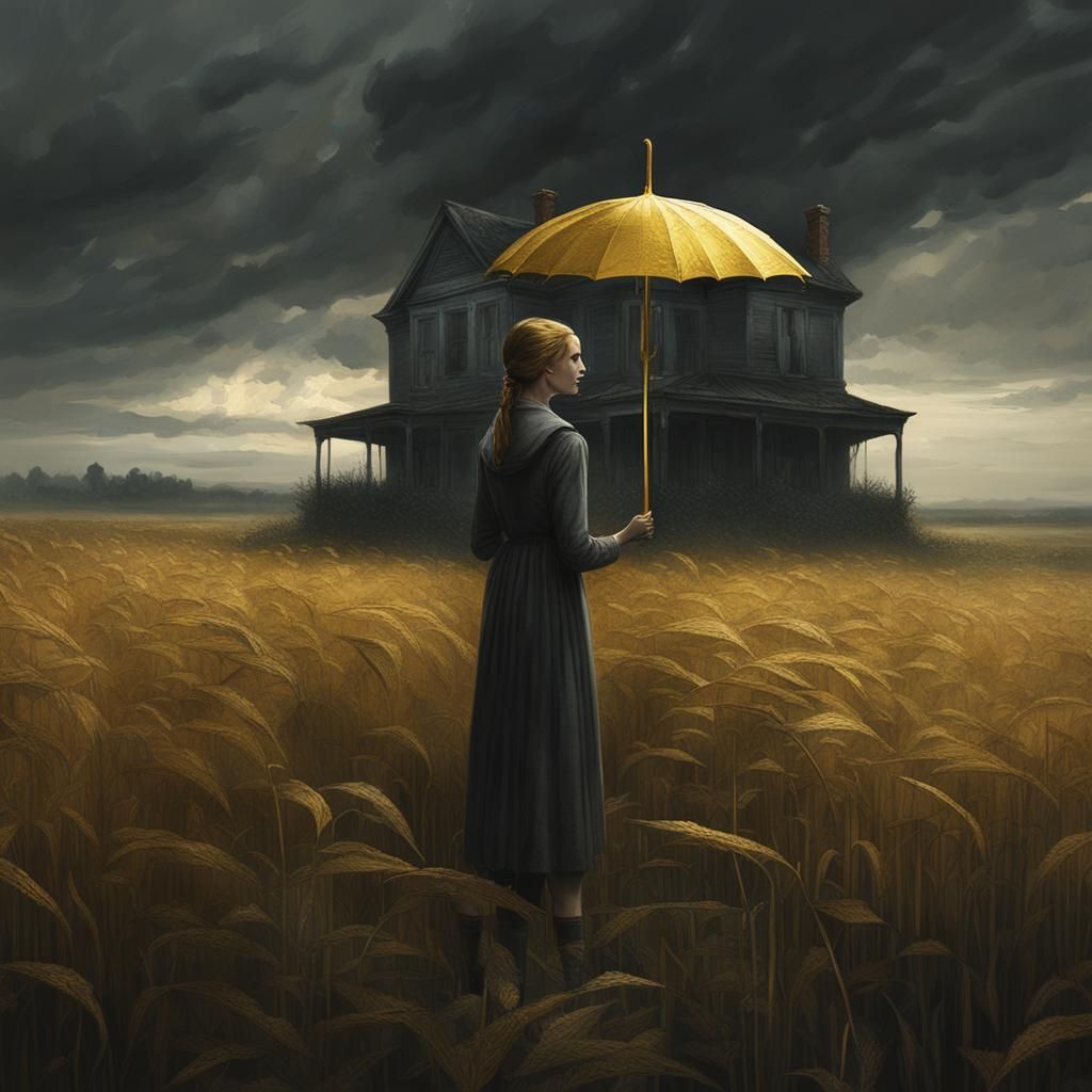 Eerie Woman with Gold Umbrella, Matte Painting Style
