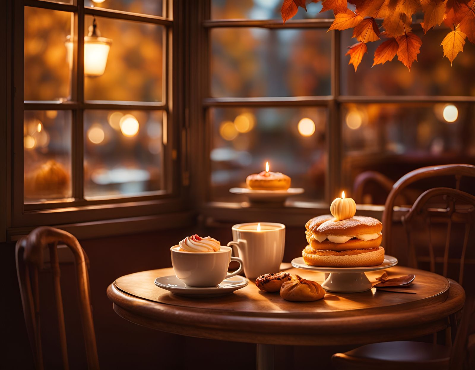 Cozy Autumn Cafe Scene with Latte Art