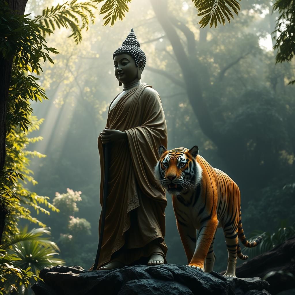 Buddha and Tiger Walk in Jungle, Hyperrealistic Style