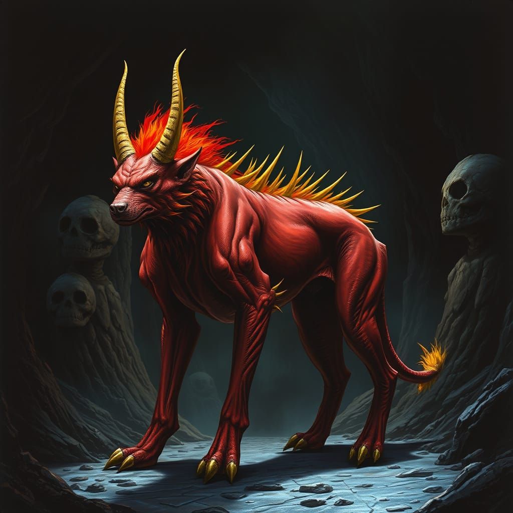 Demonic Dog in Dark Cavern, Gothic Art Style