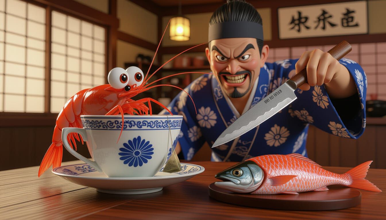 Shrimp's Perilous Tea Party in Moody Comic Style