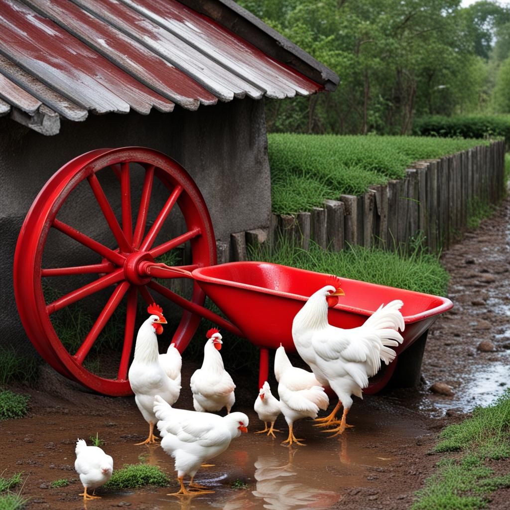 Red Wheelbarrow with Chickens in Rain