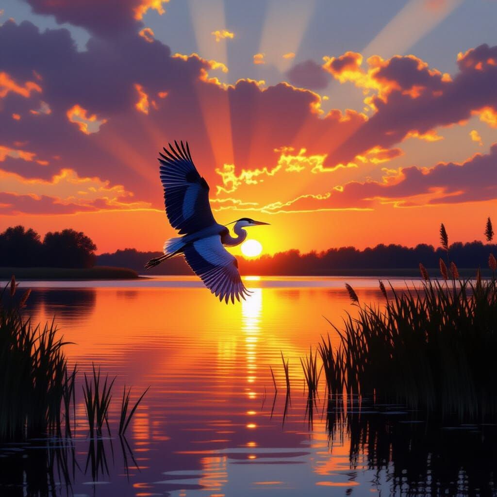 Heron Sunset Over Lake, Impressionistic Style