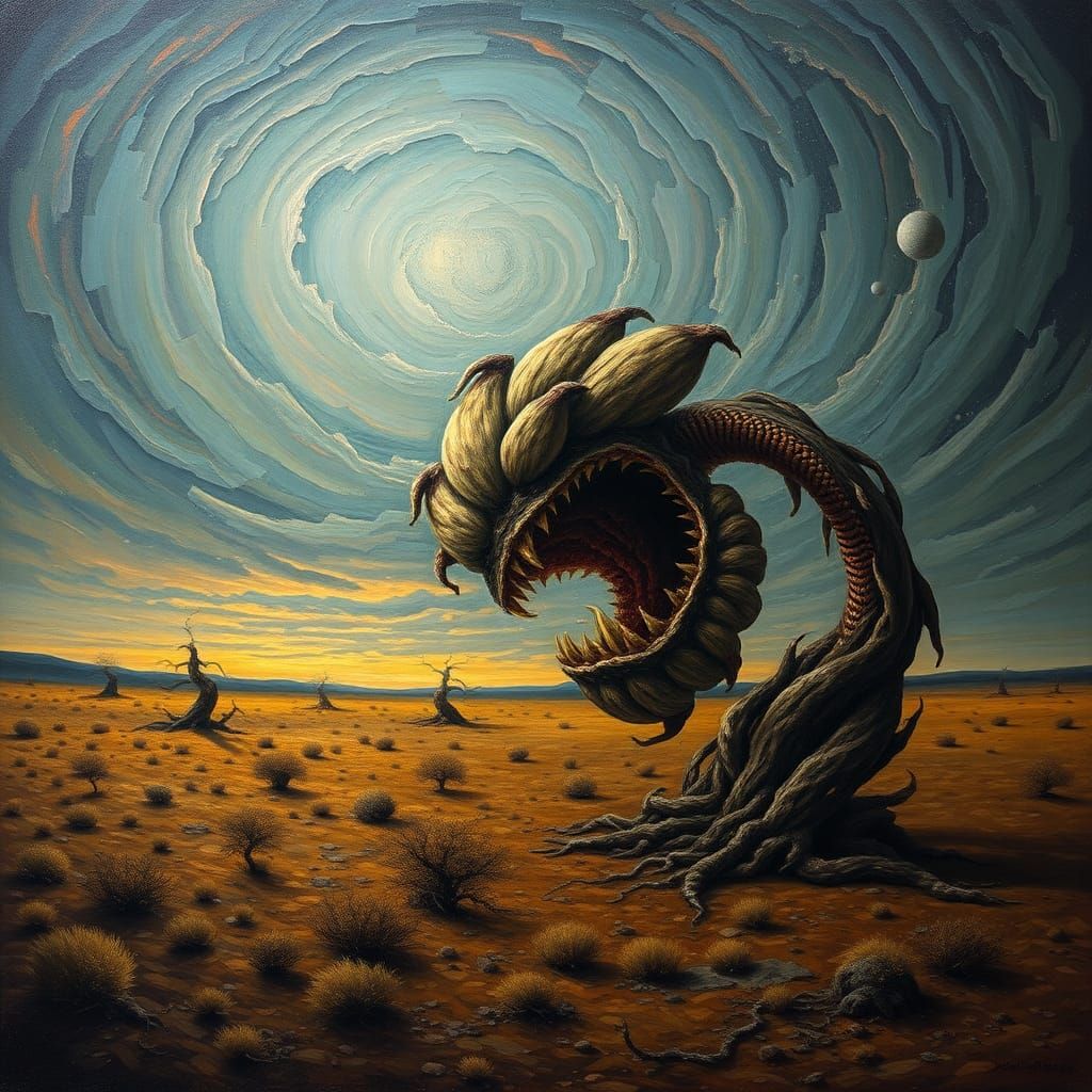 Carnivorous Flower in Eerie Steppe Landscape