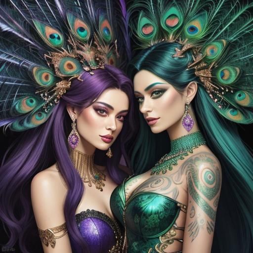 Dragon Woman with Peacock Feathers, in Digital Art Style