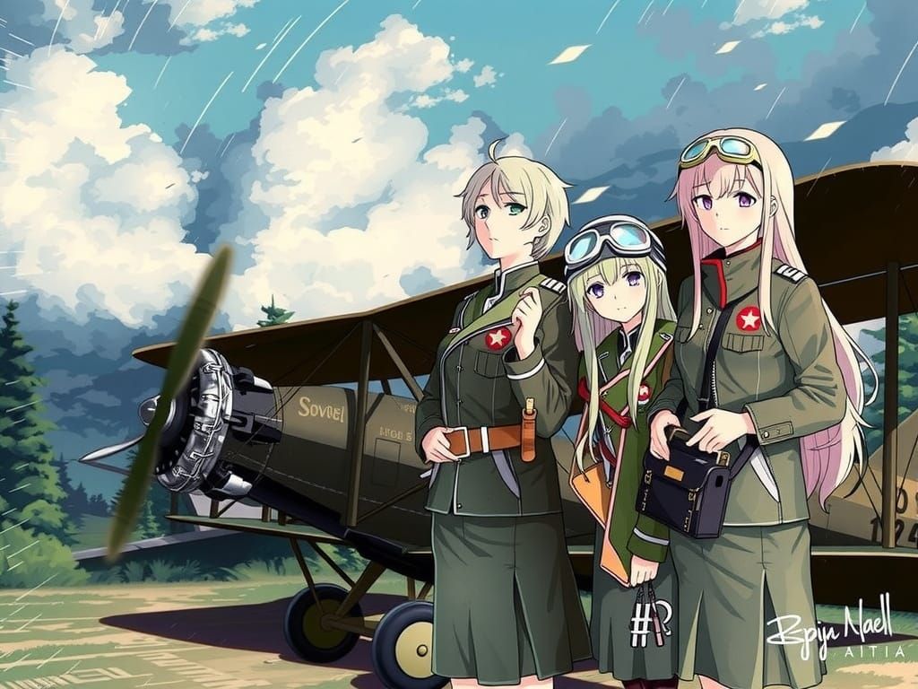 Soviet Pilot Girls Stand Proud Beside Vintage PO-2 Biplane i...